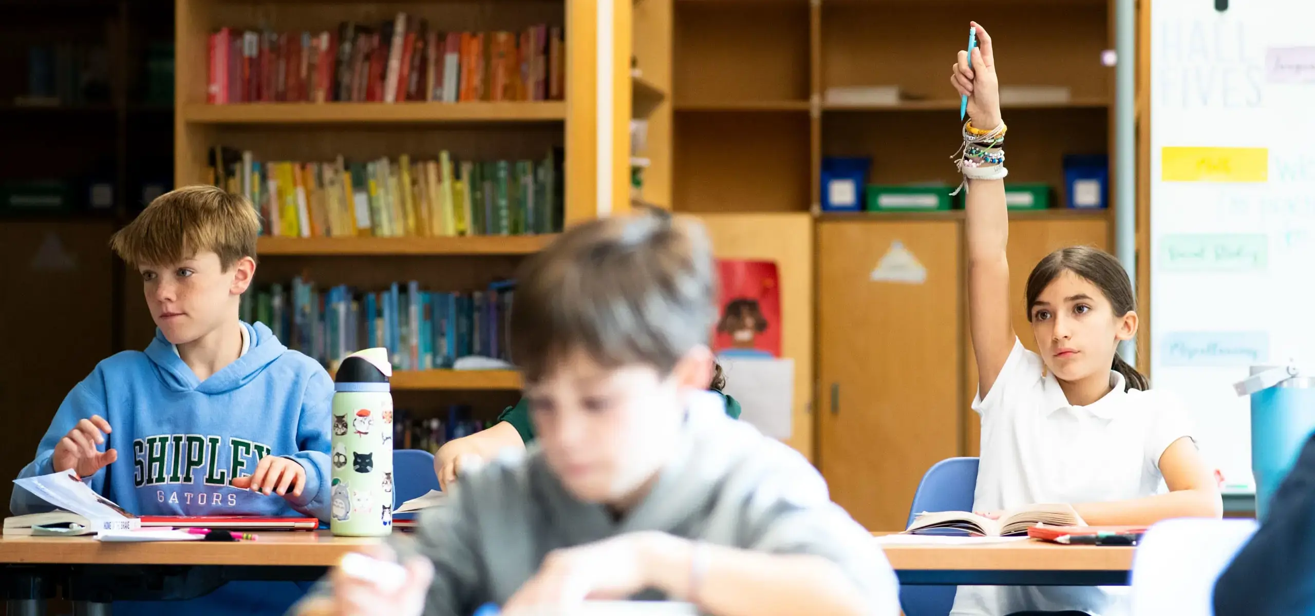 Female student raising hand in class