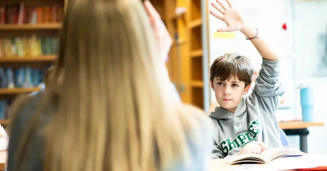 Male student raising hand in class