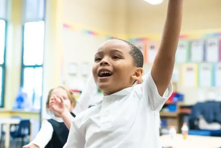 Student raising hand in class